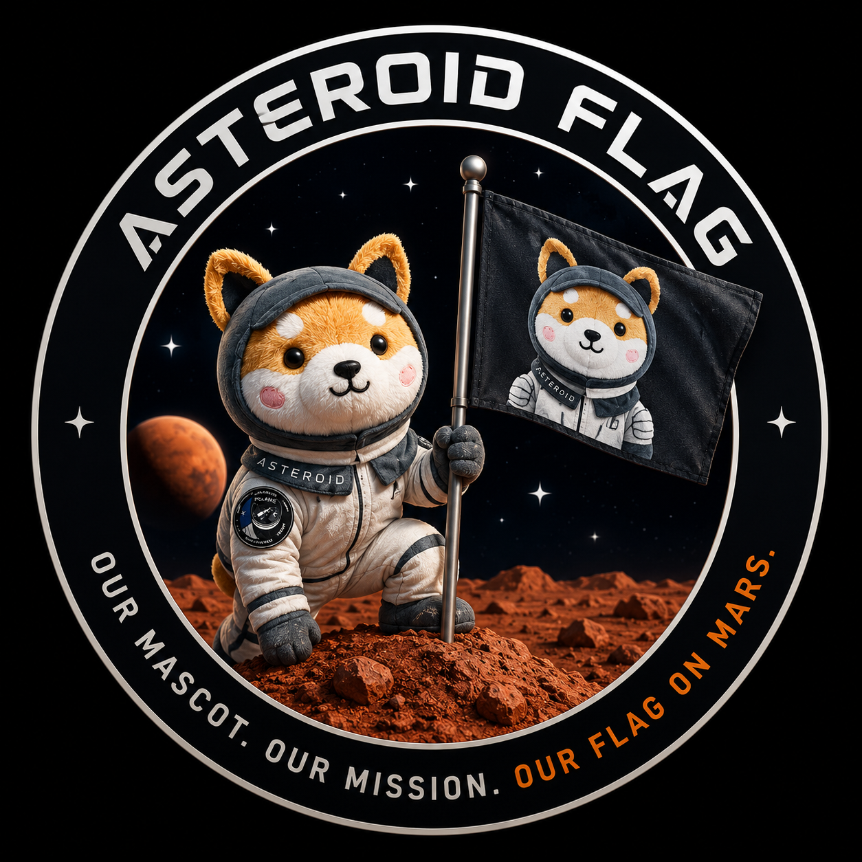 Asteroid Flag mission emblem — Shiba astronaut planting a flag on Mars